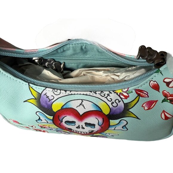 Ed Hardy Light Blue and Pink Shoulder Bag with Artistic Design (Model EHSB-3) - Picture 3 of 4